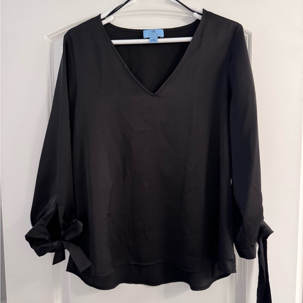 CeCe Black V-Neck Blouse with Tie Sleeves